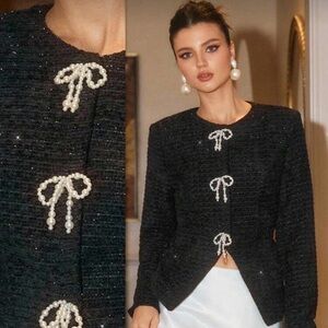 TWEED TWINKLE Black Textured Jacket with Pearl Bow Closures XS S M L